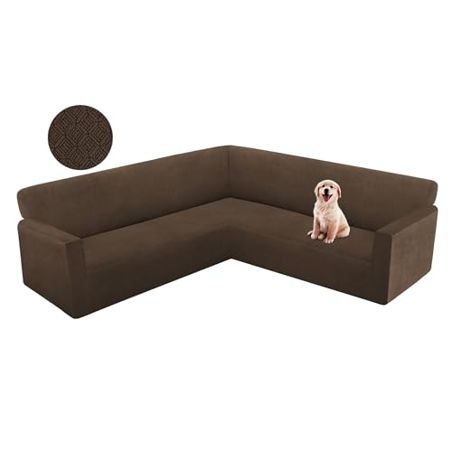 HDCAXKJ Corner Sectional Couch Cover Stretch L Shape Sofa Cover Thick Jacquard Sofa Slipcover Non Slip U Shaped Couch Cover for Sectional Sofa Pets Furniture Protector (Chocolate, X-Large)