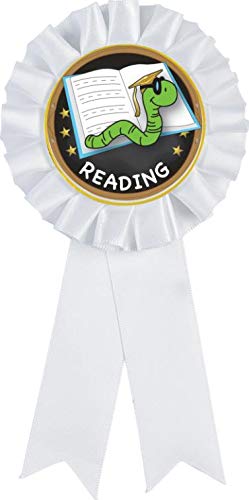 Reading White Rosette Ribbon Award, Book Worm Reading Trophy Ribbon Prize
