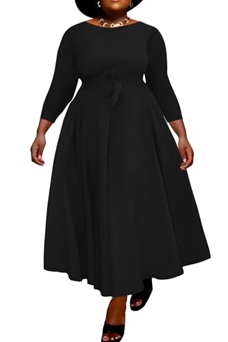 Runwind Casual Plus Size Long Maxi Dress for Curvy Women Crew Neck 3/4 Sleeve Wedding Guest Dresses with Belt & Pockets