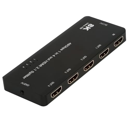 Divisor HDMI 2.1 de 4 Puertos 8K a 60 Hz y 4K a 120 Hz de Cablecc. Distribuye 1 Entrada/señal a 4 Salidas/Pantallas. Compatible con conexión de Pila HDCP con Audio de 3,5 mm para PS5.