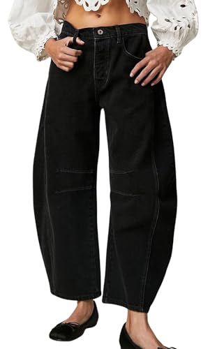 Womens Stretchy Mid Rise Barrel Jeans Vintage Loose Wide Leg Cropped Denim Pants Y2k Baggy Boyfriend Jeans (Medium,Black)