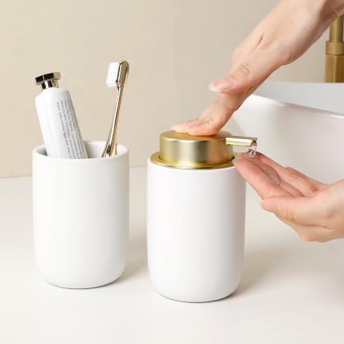 Image of BosilunLife Lotion Pump Dispenser for Bathroom, Kitchen, Countertop | Hand Soap Dispenser Bathroom Ceramic Dish Liquid Soap Dispenser (White with Gold, Liquid Pump)