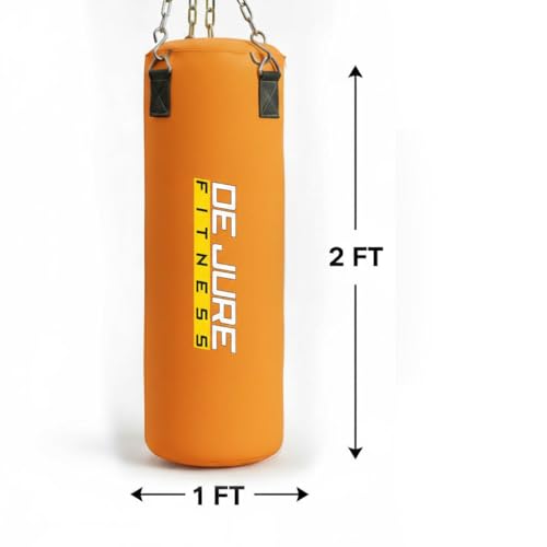 Image of De Jure Fitness Heavy Duty 2 Ft Punching Bag with Rust-Proof Stainless Steel Hanging Chain | Durable Polyester Fabric | Comfortable Recycled Filling | Boxing MMA, Kickboxing - Orange, 2 Ft