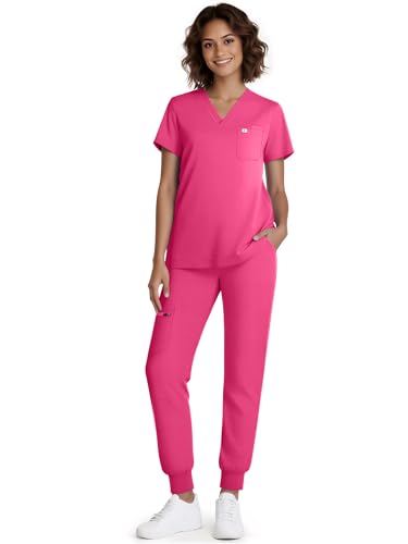 Eadflie Scrubs for Women Medical Scrubs Set - V-Neck Top & Jogger Pants with 5 Pockets Soft Stretch Woven fabric Side splits - (Hot Pink/L)