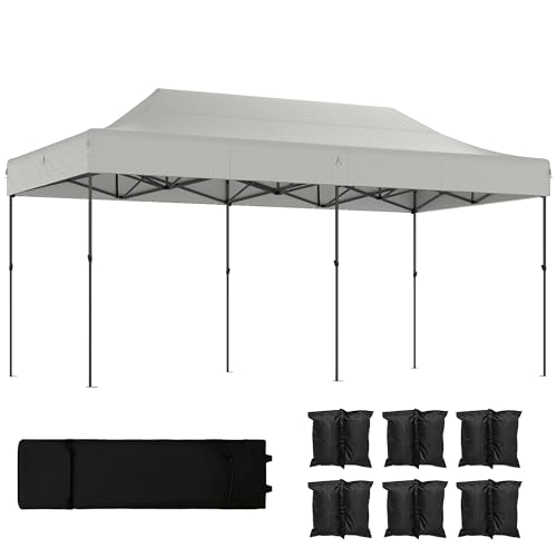 Outsunny 10 x 20 ft Pop Up Canopy Tent, Heavy Duty UPF50+ Outdoor Portable Instant Canopy Shelter with Wheeled Carry Bag, Sandbags, Adjustable Height for Parties, Events, Camping, White