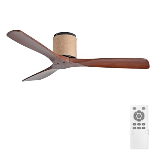 BUENION 52" Low Profile Ceiling Fan No Light, Boho Farmhouse Flush Mount Ceiling Fan with Remote, Solid Wood Blades, 6-Speed Reversible DC Motor for Bedroom Living Room by BUENION - Used condition - US$111.99