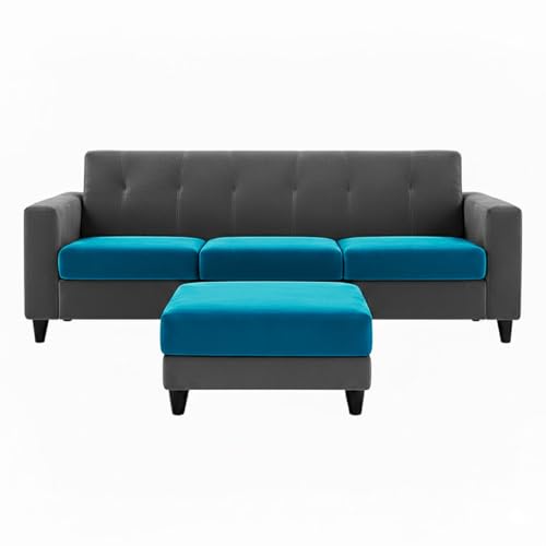 Image of Homeboy 4 Seater L Shape Sofa Set with Movable Ottoman | Flexible Left or Right Layout | Luxe Velvet Suede Fabric | Comfortable Seating | Modern Sofa for Living Room -Dark Gray - Aqua Blue
