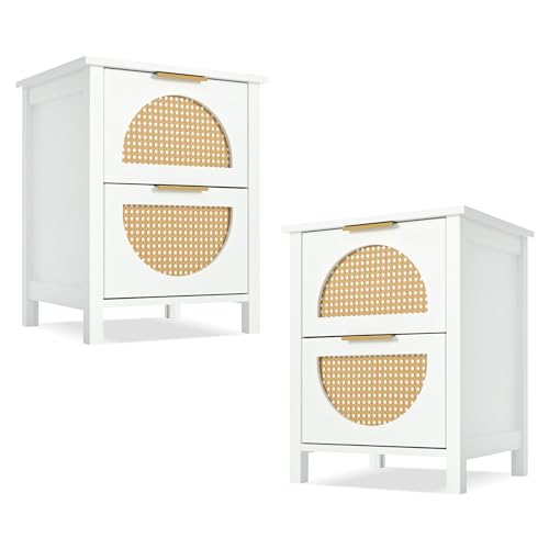 Merax Rattan Bedside Tables 2-Drawer with Natural Wood Legs – Set of 2,Nightstand Cabinets for Bedroom/Living Room Storage and Style (2PCS, White)