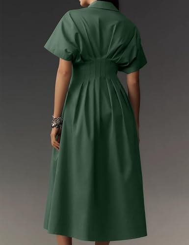 Image of Women Striped Button Front Pleated Maxi Shirt Dress Short Sleeve Collar V Neck Summer Casual Corset Long Dress Dark Green