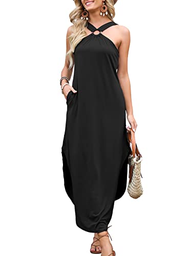 ANRABESS Women Summer Halter Neck Sundress Sleeveless Split Side Casual Beach Travel Vacation Maxi Long Dress with Pockets2