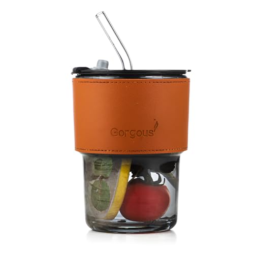 Image of Glass Tumbler with Leather Sleeve & Glass Straw - 400ML, Set of 1, Leakproof Lid, Reusable Travel Coffee Cup for Hot & Cold Drinks, Iced Coffee, Smoothies, Juice, Water, Office (Random Color)