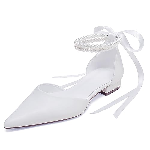 Closed Toe Pearl Wedding Flats Shoes for Bride with Bow Pointed Toe Bridal Flats Evening Prom Party Dress Shoes Pumps for Women