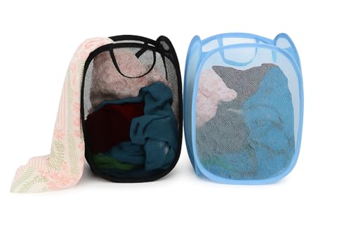 Image of Mesh Laundry Foldable Basket 2 Pc (28 x50 cm)- Breathable, Sturdy, Foldable, and Space-Saving Design for Clothes and Storage. (2, 2 Pcs SMALL (28X28X50) - Black /Sky /Royal /Red)