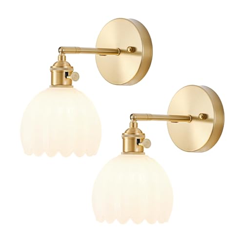 Image of Wall Sconces Set of Two Hardwired, Vintage Sconce Light with Tulip Milk White Glass Lampshade, Bathroom Wall Lights with Switch, Gold Wall Light Sconces Wall Decor Set of 2