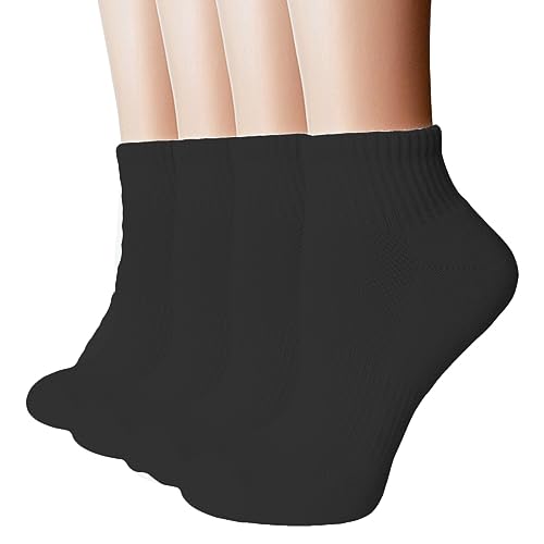 Generisch Calcetines deportivos de algodón para mujer, con acolchado para el tobillo, 4 unidades, para correr, entrenamiento de tenis, Negro , talla única