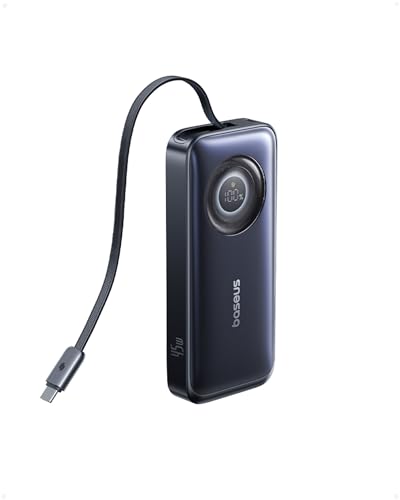 Baseus Enercore Power Bank, 10000mAh Fast Charging Portable Charger Built-in 45W Retractable USB-C Cable, Battery Pack for iPhone 16/15 Series, Samsung, Google Pixel, iPad, AirPods, Drone, Go Pro