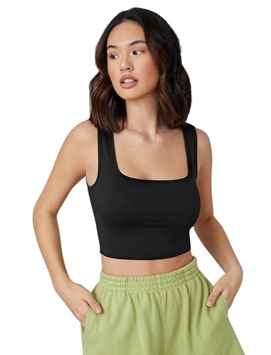 Image of LONDON BELLY Women's Polyester Tank Top with Square Neck Sleeveless Body Fit Crop Length and Solid Pattern | Party Crop Top Women | Woman Office Casual Smart Top
