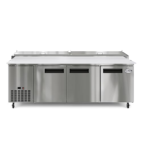 Image of KoolMore 92 in. Commercial Pizza Prep Table with Cutting Board, Food Protection Lid, Refrigerated Cold Storage, Rolling Casters, Three-Door in Stainless Steel, ETL Listed, (KM-RPPS-3DSS)