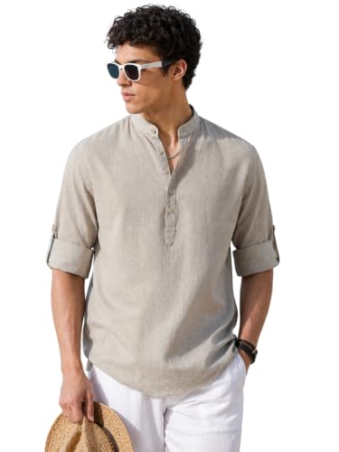Image of Majestic Man Men's Pure Cotton Solid Mandarin Collar Slim Fit Roll-Up Sleeves Short Kurta Lightweight Summer Kurta for Daily & Occasion Use