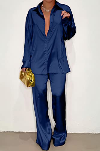 Prettygarden Women's 2 Piece Satin Outfits Long Sleeve Button Down Tops Wide Leg Pants Silk Loungewear Pajama Sets (Navy,X-Large) #TOP2