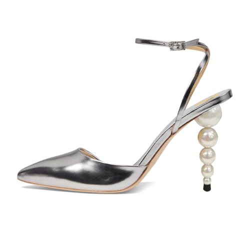 Women Pointed Closed Toe Ankle Strap Pumps Pearls High Heels Buckle Up Shoes for Ballroom Club Dress Size 4-16 US2