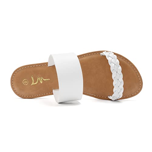 Lm Women's Braided Slide Sandals Open Toe Two Strap Slip On Flat Sandals Casual Summer Shoes (8, White) #TOP3