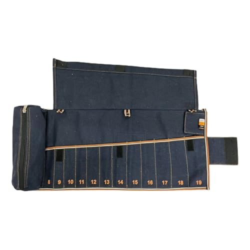 Image of BULL TOOLS Metric Ratcheting Wrench Set (8-19mm), 12-Pocket Roll, with Zip Pouch, Made from Durable Recycled Cotton Canvas for Mechanics, DIYers, and Home Use - Navy Blue