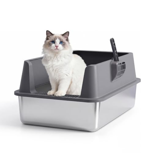 Image of Petverse Stainless Steel Cat Litter Box with High Sides [61 x 41 x 20 cm] Extra Large Metal Cat Litter Tray Non-Stick, Odour Resistant & Easy to Clean Durable Leak-Resistant Litter Box for Indoor Cats