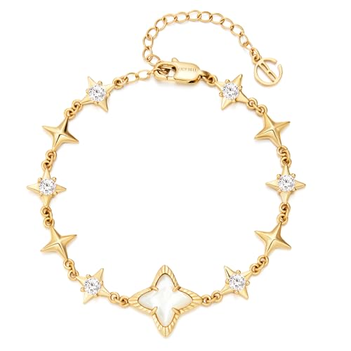 Cicy Bell Womens 18k Gold Plated White Shell Cubic Zirconia Square Cross Adjustable Chain Link Bracelets 6.69″ with 2″ Extender