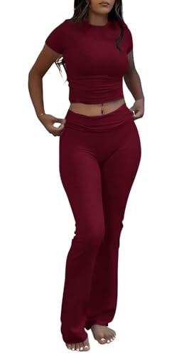 Image of AYWA Women's 2 Piece Lounge Sets Short Sleeve Crop Top Foldover Flare Pants Casual Pajama Outfits