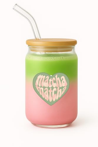 Image of THE UMBRELLA STORE Glass Tumbler Bamboo Lid and Straw, Coffee Tumbler, Reusable Glass (Matcha)