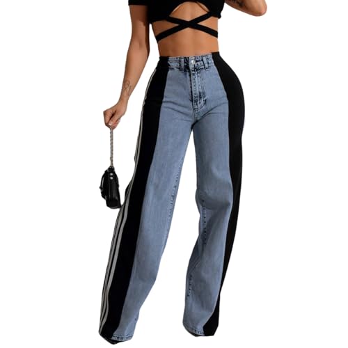 Conshvi Women's Wide Leg Jeans Striped Patchwork High Waisted Stretch Baggy Jeans Trendy Color Block Straight Leg Denim Pants3