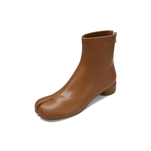 Image of Split Toe Ankle Boots for Women Tabi Japanese Ninja Shoes Low Chunky Heels Booties, Stretch Artificial Leather Boots Back Zipper