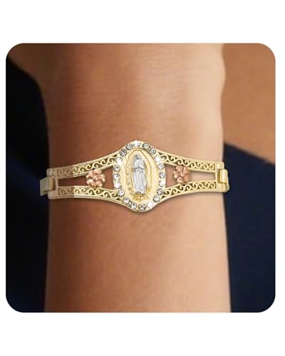 J&H DiaJuvelo Virgin Mary Bracelet for Women Catholic Trendy Cubic Zirconia Christian Dainty Charm Rhinestone Gold Jewelry Mujer Virgen de Guadalupe Pulseras Holy Gifts