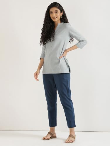 Image of SAADAA Women Short Kurti Airy Linen Regular Fit Kurta with 3 /4th Sleeves, Mandarin Collar, Side Slit Perfect for Casual, Formal, and Ethnic Wear