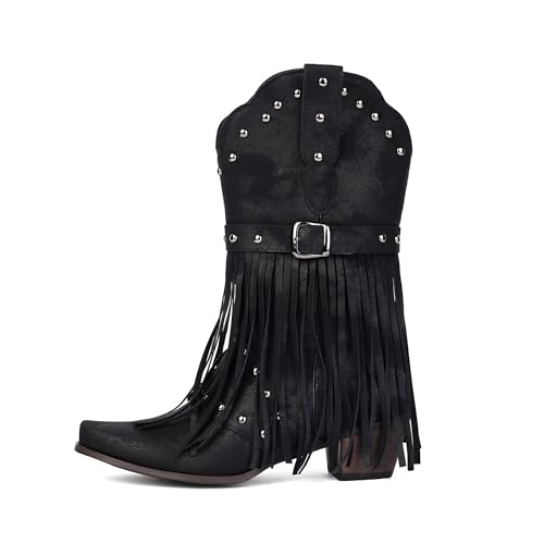 Fringe Cowboy Boots for Women Mid Calf Studded Pointed Toe Western Tassel Cowgirl Boots Women2