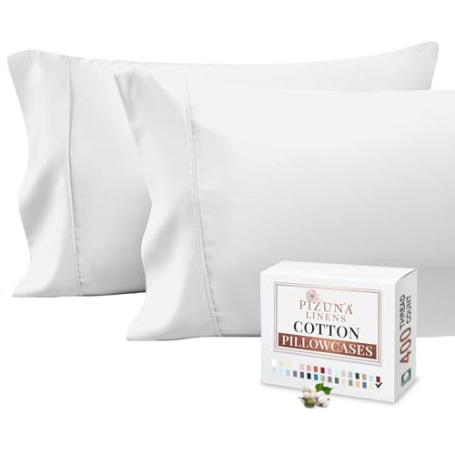 Pizuna Pure 100% Cotton Pillow Cases Queen Size Set of 2 White, Luxurious 400 Thread Count Long Staple Cotton Sateen with Stylish 4