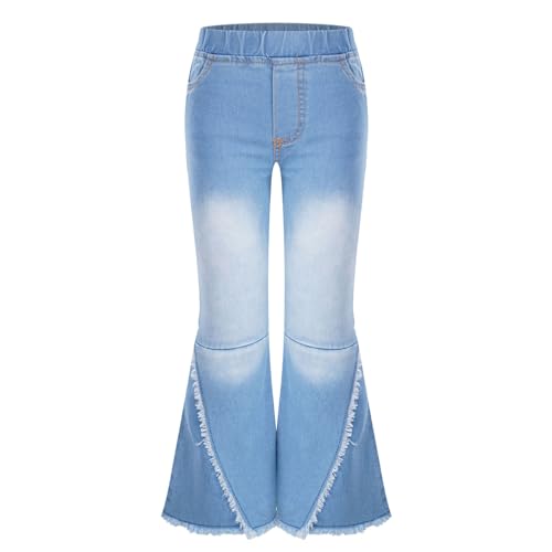 Kids Girls Elastic Waist Flare Jeans Ripped Fitted Denim Pants Raw Hem Bell Bottom Pants Casual Trousers
