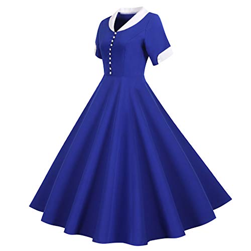 Vestido Vintage de Manga Corta con Cuello en V para Mujer de los años 50 Vestidos de Manga Larga Vestidos Elegantes de Verano para Mujer Vestidos de cóctel Vintage (Azul Oscuro,XL)
