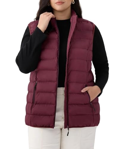 TIYOMI Women's Quilted Cotton Padded Vest Plus Size 4X Wine Red Stand Collar Lightweight Quilted Gilet Stand Collar Full Zip Sleeveless Vest Winter Warm Coat Outwear 4XL 24W 26W