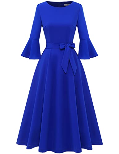 Image of HomRain Women's Church Dresses Modest Bell Sleeve Wedding Guest Cocktail Tea Party Vintage Evening Dress