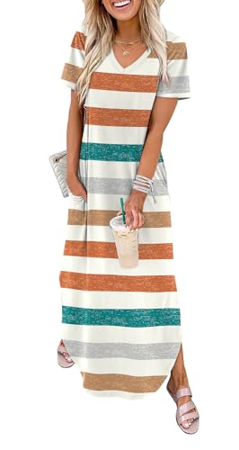WIHOLL Summer Striped Dress Maxi Long Casual Dresses for Women 2026 Loose V Neck Swing T Shirt Casual Dress Sundresses S