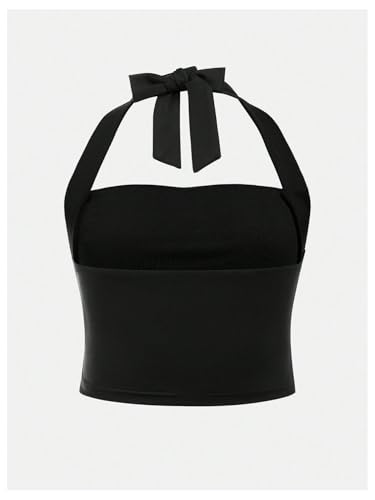 SHENHE Girl's Ruched Sleeveless Halter Top Bow Backless Slim Fit Summer Cropped Top3