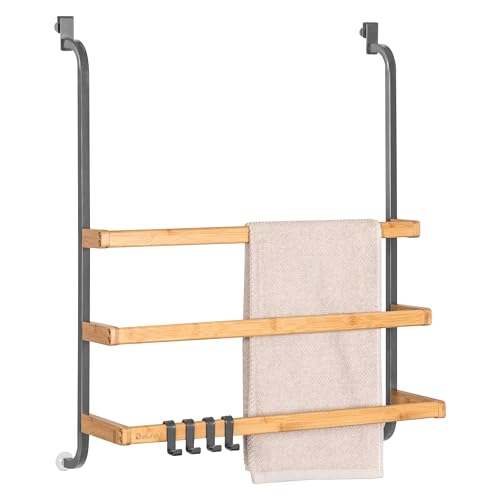 eluno Handtuchhalter für die Glasduschwand aus Metall und Bambus Handtuchhalter mit 3 Handtuchstangen 4 praktischen Haken zum Einhängen ohne Bohren (Grau)