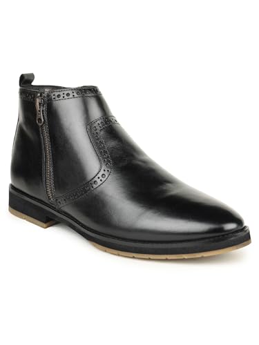Image of B-5815 Genuine Leather High Ankle Boots For Men In Brogue Style With Zipper, Pointed Toe, Flat Heel & EVA+Unit Sole