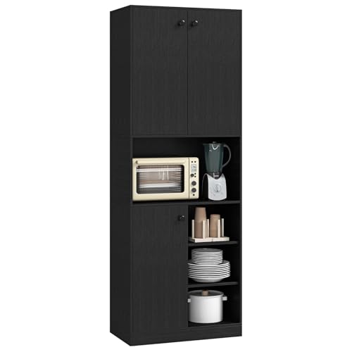 GOPLUS Armario Alto, Armario de Almacenamiento con 3 Puertas, 2 Gabinetes y 4 Estantes Abiertos, Armario de Cocina, para Sala de Estar, Cocina, 60×33×166cm (Negro)