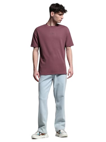 Image of Jack & Jones Men's Solid Round Neck Cotton Relaxed Fit T-Shirt | Boxy Fit | Drop Shoulders