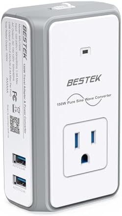 BESTEK [Pure Sine Wave] Universal Travel Adapter - 150W Voltage Converter 220v to 110v, 2X 2.4A USB-A Ports and 1X AC Outlet, All-in-One International Power Plug for EU US UK AU (1-White)