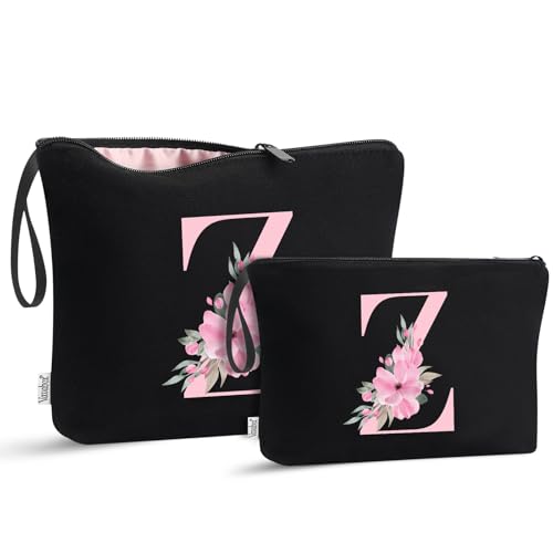 Image of Vavabox A-Z Personalized Makeup Bag, Birthday Gifts for Women Mom, Gifts for Best Friend, Bride Bridesmaid Cosmetic bag (Z, 04-Black Set)