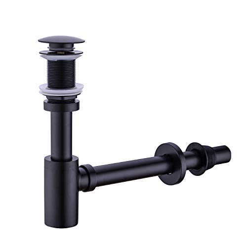 GORDEE Bathroom Sink Stopper P-Trap Complete Set Adjustable 1-1/4 Bottle Trap Solid Brass Sink Drain Kit Tube and Pop Up Drain Stopper Set without Overflow, Matte Black